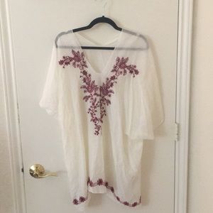 White shear flowy top with maroon embroidering